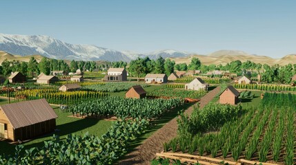 A serene rural landscape with farms and mountains.