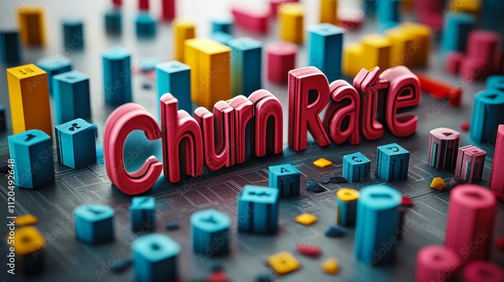 Poster 3d churn rate text banner with colorful bar graphs and data visualization