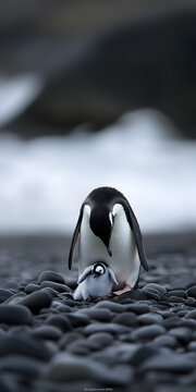 Momento terno de uma m&atilde;e pinguim com seu filhote