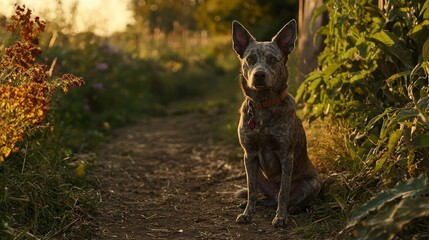 Dog sitting on a path surrounded by plants at sunset.