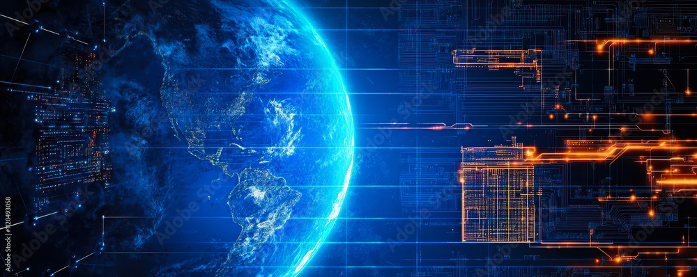 Poster futuristic global digital network technology with earth and circuit elements