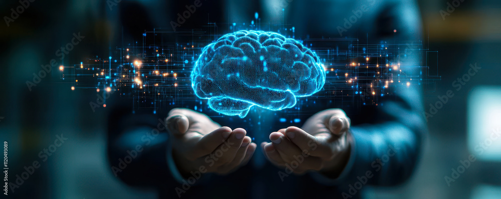 Poster businessman holding ai brain with coding software and data network integration