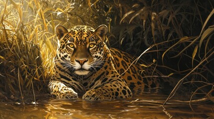 A jaguar resting in a serene water setting.