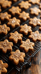 Fototapeta premium Freshly baked gingerbread cookies cooling on a wire rack for holiday treats