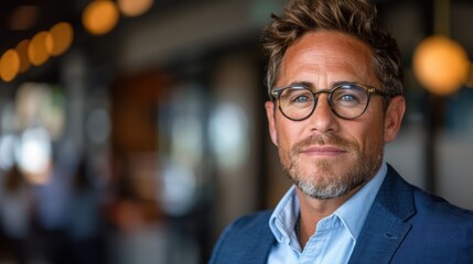Fototapeta premium Portrait of a middle-aged man wearing glasses and a blue blazer, confidently looking into the camera in a blurred interior setting with warm lighting in the background, creating a professional and