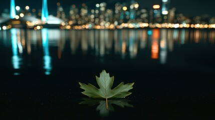Leaf on water with city lights in the background.