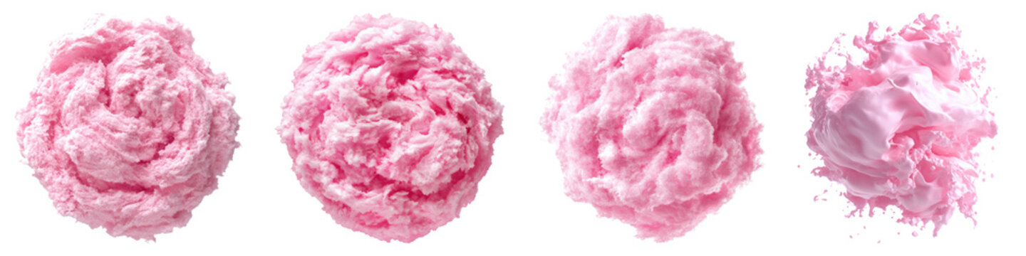 Pink cotton candy isolated on transparent background, Set of