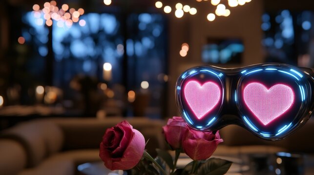 virtual reality romance, next-gen valentines day celebrate in a vr lounge with heart holograms, avatars swapping digital roses amidst pinkblue hues - Powered by Adobe
