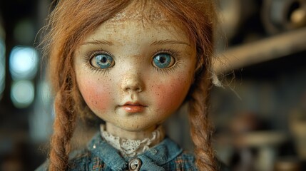 A vintage doll with striking blue eyes and braided hair exudes an enigmatic and timeless charm, surrounded by a blurred background of nostalgic memorabilia