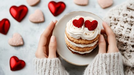 self-love celebration, individual enjoying a self-indulgent dessert, amid heart-shaped decorations signifying self-love and empowerment on singles awareness day