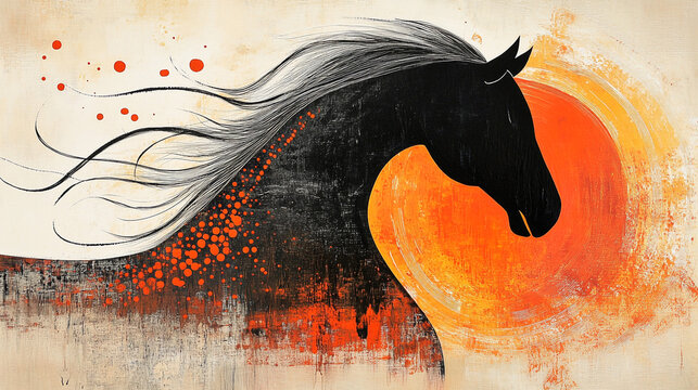 Abstract Horse Painting  Orange Sunset  Black Silhouette  Flowing Mane  Artistic Equestria