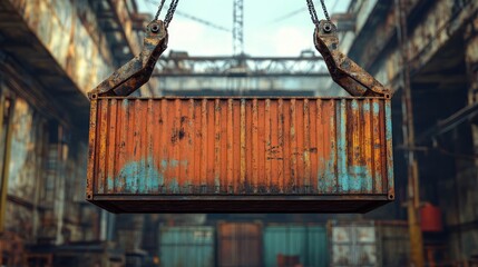 Rusty cargo container hanging from crane in industrial setting.