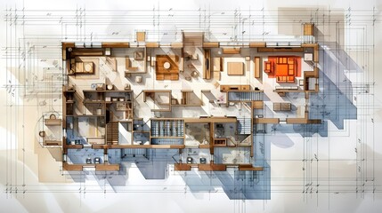 Architectural blueprint of a building floor plan, with detailed room layouts and design elements.