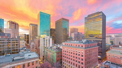 Naklejka premium City skyline at sunset with vibrant colors.