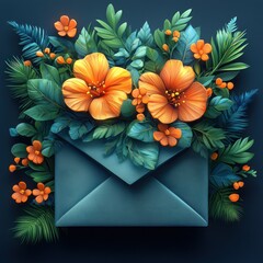 A vibrant envelope surrounded by tropical flowers and greenery, symbolizing communication and nature.