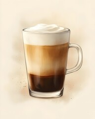 A beautifully layered latte in a clear glass, showcasing a rich blend of coffee, milk, and whipped cream, creating an inviting and warm feel.