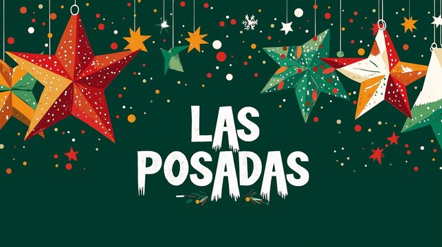 Las Posadas Celebration. Colorful Mexican Paper Star Decorations Hanging Against a Green Background, Featuring Vibrant Red, Orange, and Green Patterns, Perfect for Holiday Festivities and Traditional 
