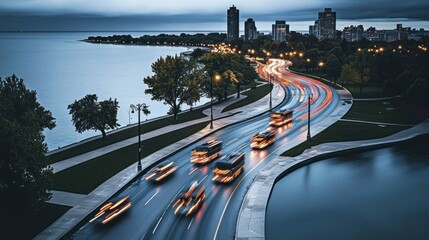Evening cityscape with light trails by the waterfront.