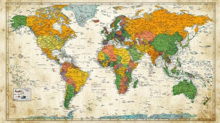 World map highlighting different countries and regions.