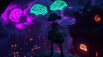 A whimsical figure with an umbrella overlooking a vibrant city.