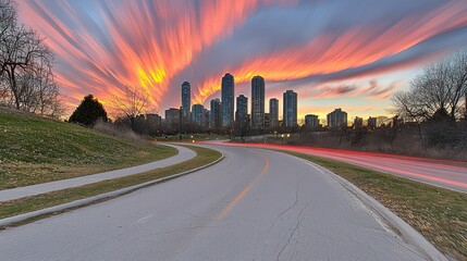 Sunset over a city skyline with a winding road.
