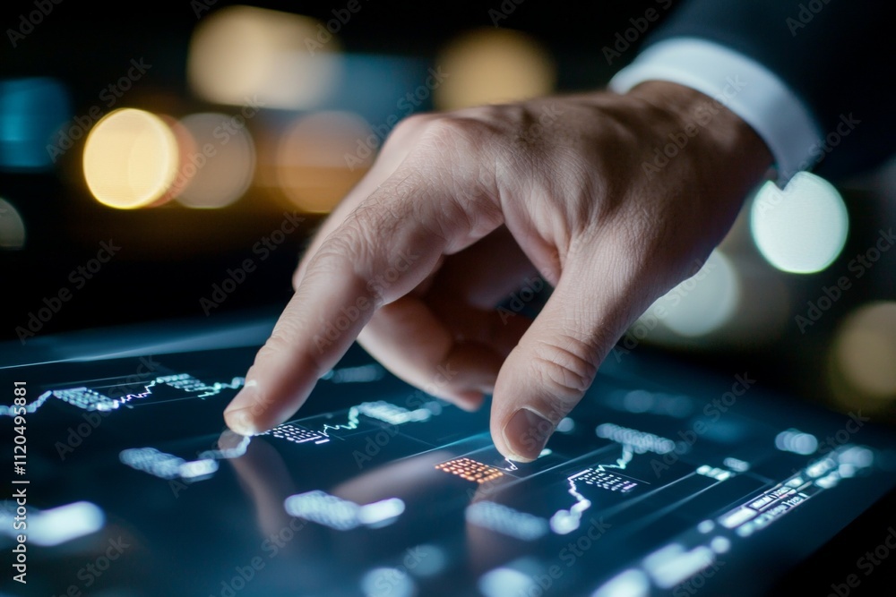 Poster a man is pointing at a screen with a red dot on it