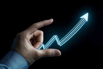 A hand holding a blue arrow pointing upwards