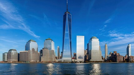Obraz premium Skyline view featuring modern skyscrapers and water.