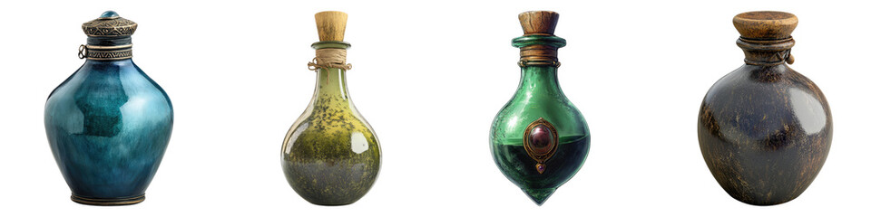Potion bottle isolated on transparent background, Set of