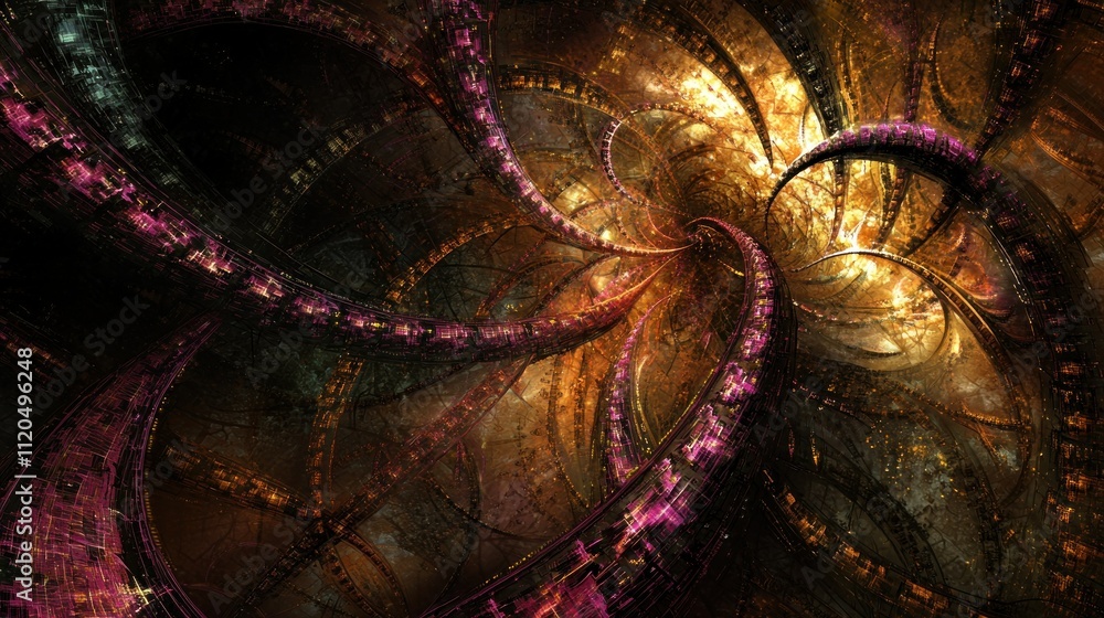 Poster abstract fractal design with swirling patterns and colors.