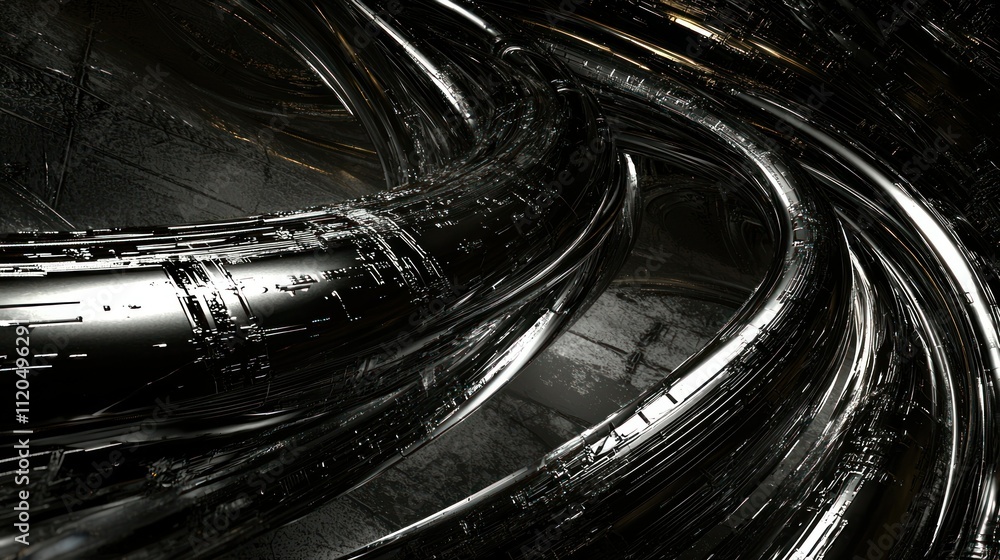 Poster abstract metallic structures with intricate curves.