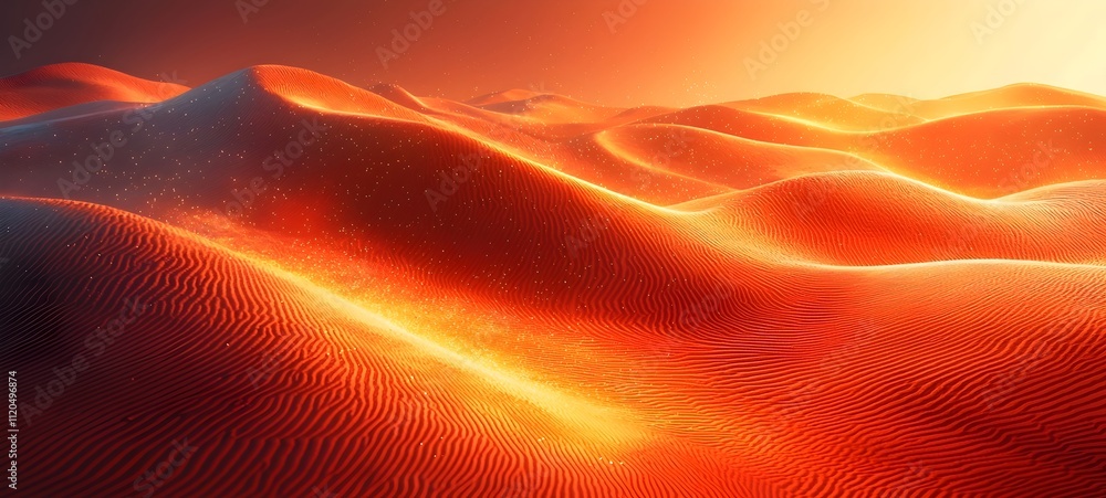 Poster a mesmerizing view of glowing red-orange sand dunes under a warm sunset, casting soft shadows and sh