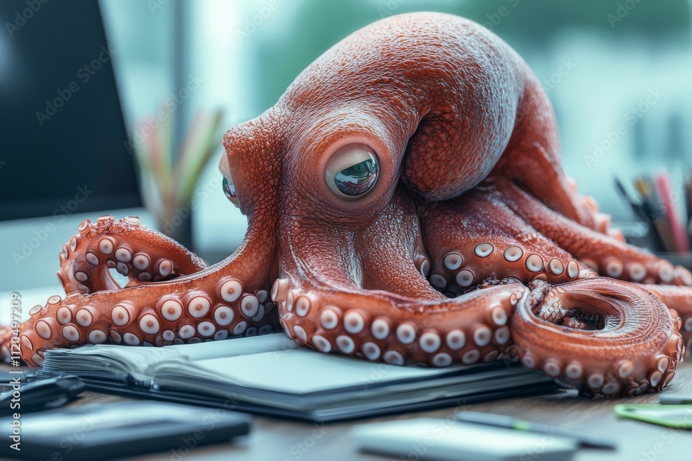 Poster a large orange octopus is sitting on a desk with a notebook and a cell phone. multitasking concept