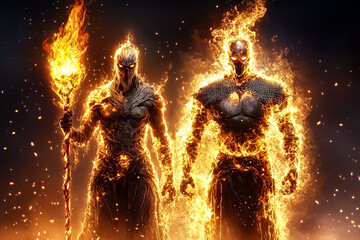 Fototapeta premium Two warriors with flaming staffs stand amidst swirling fire, ready for battle in an epic fantasy landscape