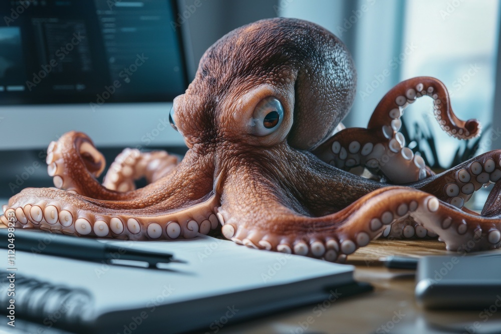 Poster a large octopus is sitting on a desk with a pen and a notebook. multitasking concept