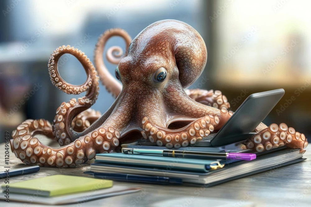 Poster a large octopus is sitting on a desk with a laptop and a stack of notebooks. multitasking concept