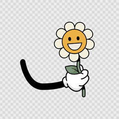 Chamomile flowers in character hand. Retro cartoon Hand holding chamomile flower. ​​Trendy retro style 60s 70s. For poster, postcard, print. Valentine's day.