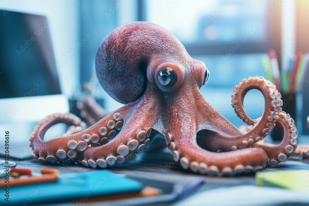 Poster a large, orange octopus is sitting on a desk with a computer monitor. multitasking concept