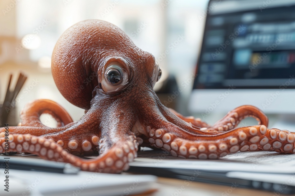 Poster a large, brown octopus is sitting on top of a desk with a computer monitor. multitasking concept
