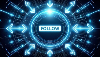 중앙의 팔로우 버튼이 디지털 화살표들로 강조된 모습