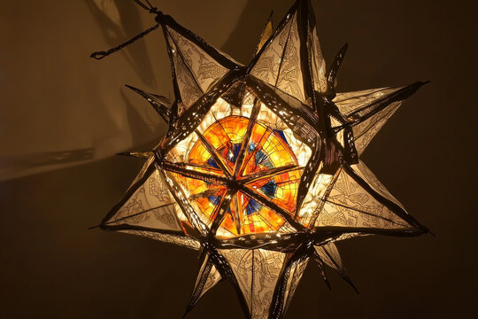 Phillipino Christmas parol lantern, star shaped decorative lantern made from paper and bamboo