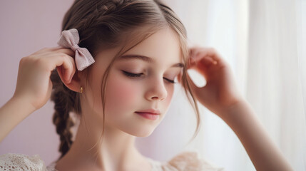 Fototapeta premium Graceful young girl tying a bow in her hair close-up portrait for beauty and elegance concepts