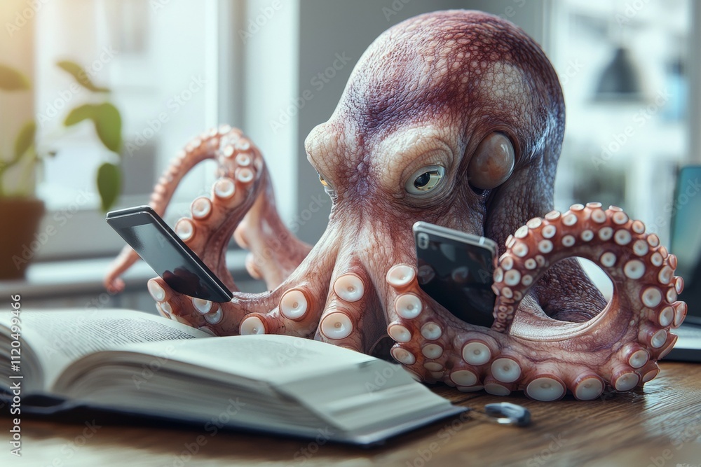 Poster an octopus is sitting on a table with a book and two cell phones. multitasking concept