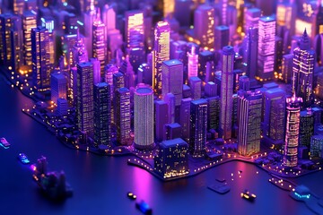 Obraz premium 3D Map of a City with Bright Business District Lights