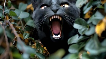Black cat jumps out of some bushes
