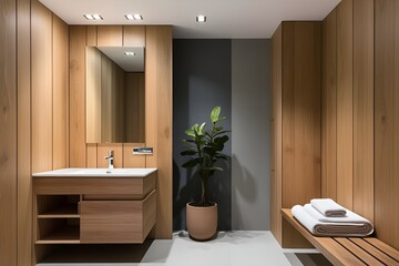 Modern interior design of bathroom shower, walnut wooden walls with rectangular mirror and vanity