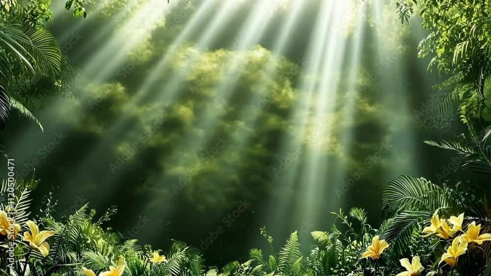 Poster sunlight filtering through a lush forest canopy creating a serene atmosphere with vibrant greenery a