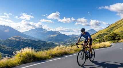 Fototapeta premium Cyclist Enjoying Scenic Ride on Mountain Road with Lush Greenery and Breathtaking Landscape Views