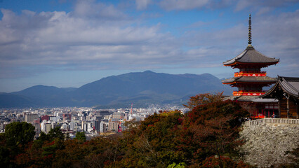 Kyoto city skyline with traditional pagode on an autumn day