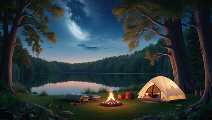 illustration of camping in the forest by the lake at night